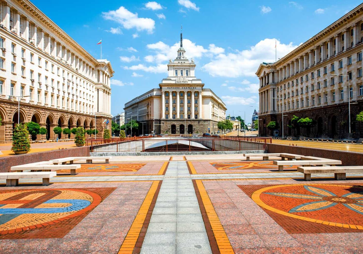 An architectural ensemble of three Socialist Classicism edifices in central Sofia, the capital of Bulgaria